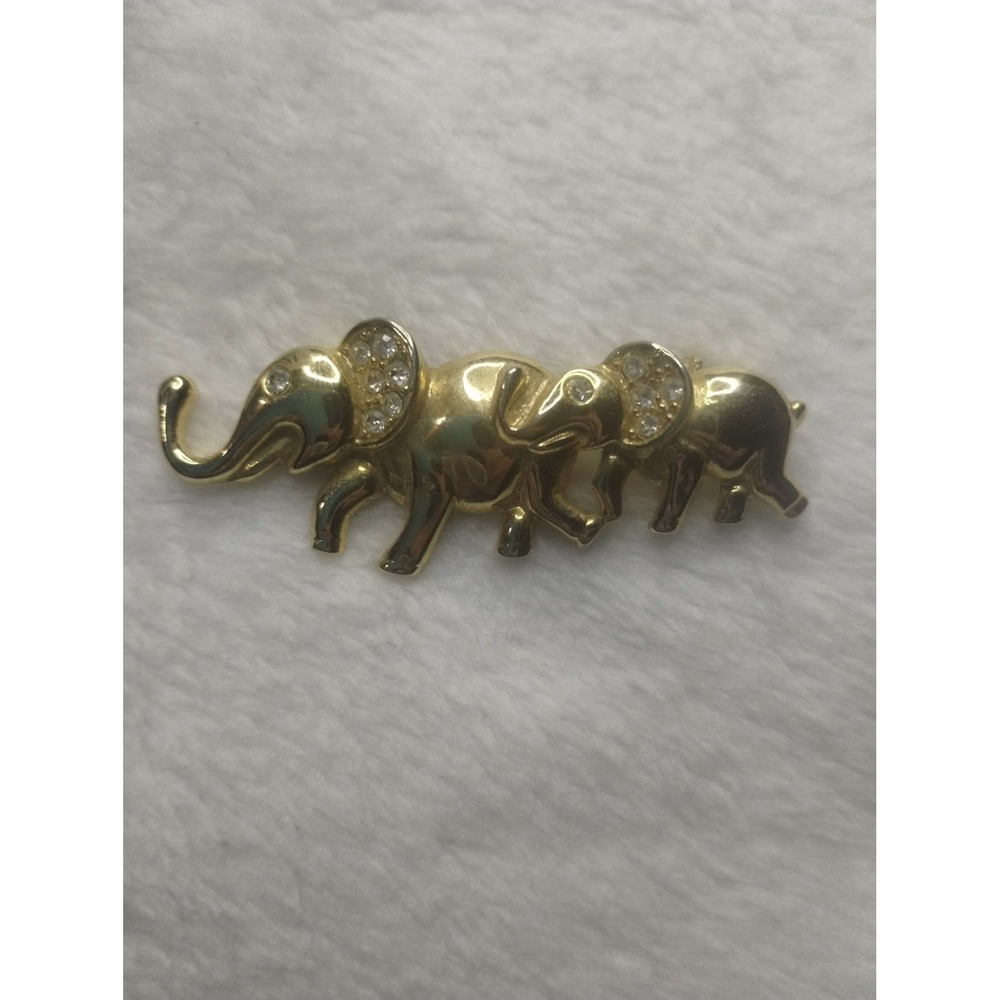 AJMC Gold Tone Rhinestone Elephant Family Brooch Pin Good Luck Trunk Up Bin 2